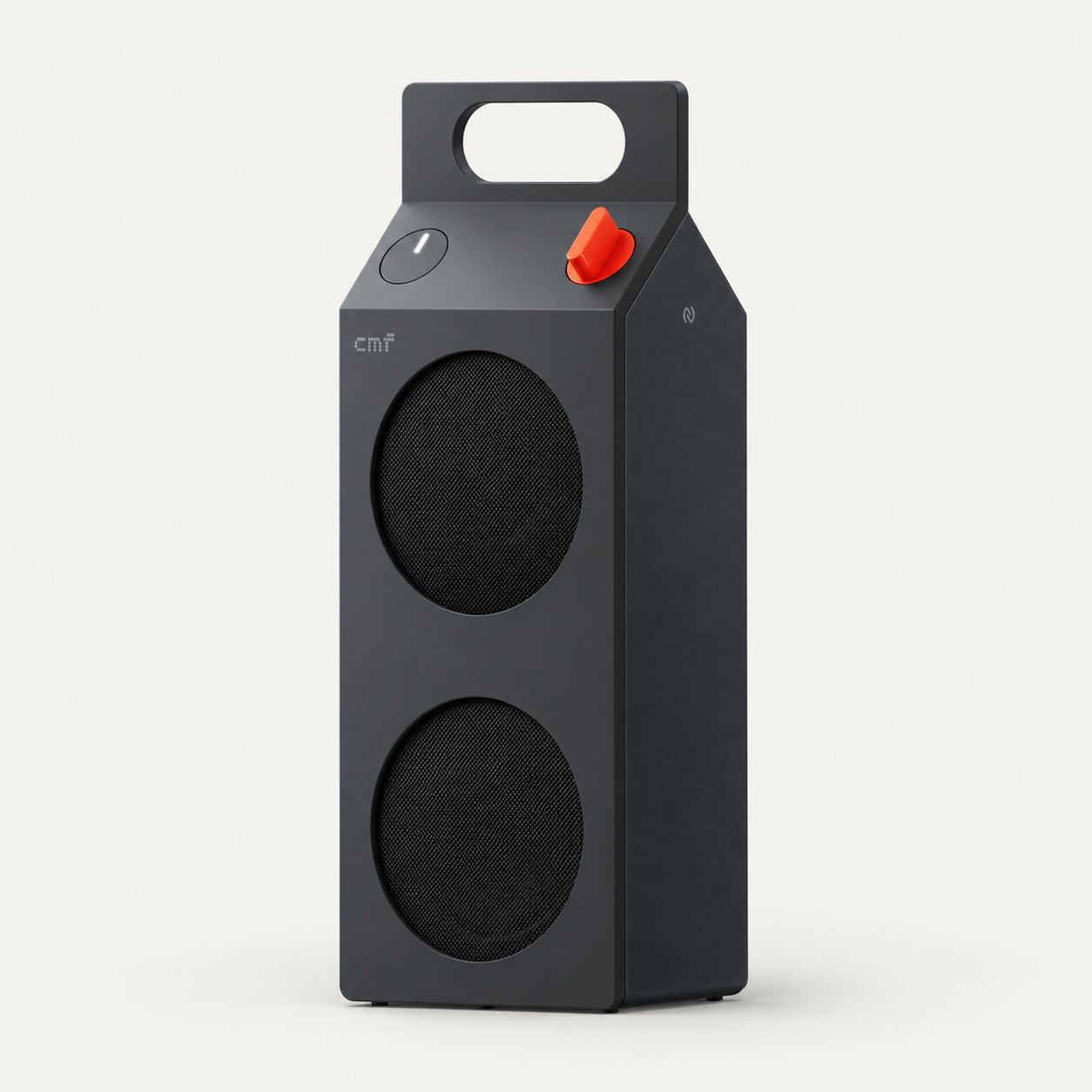 AI-generated illustration of the CMF Speaker M in Dark Grey, with two front speaker grilles and an orange-red rotary control knob.