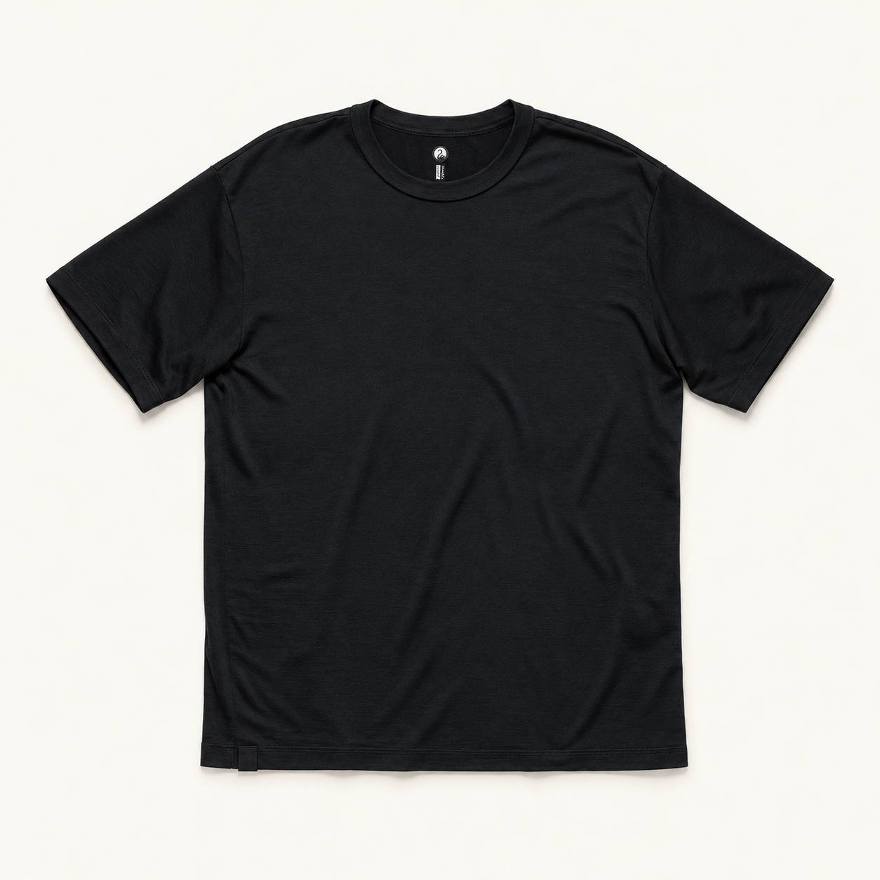 AI-generated illustration of the Outlier Ultrafine Merino Cut Two T-Shirt in Black, showing its broad shoulders, high crew neck and small black hem tab.
