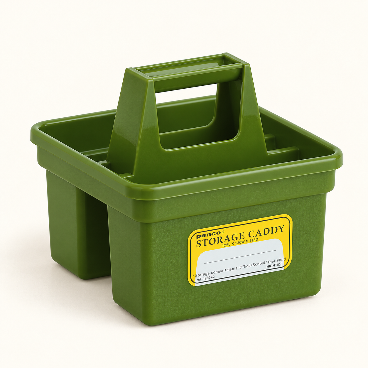 AI-generated illustration of the Penco Storage Caddy / S in Green, with three compartments, a raised center handle and yellow Penco label.