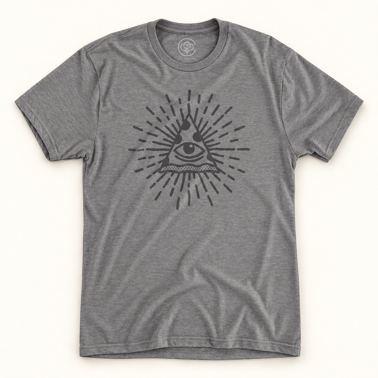 AI-generated illustration of The All-Seeing Pizza T-shirt by Travis Ladue in Premium Heather grey, with a dark eye inside a triangular pizza slice surrounded by rays.
