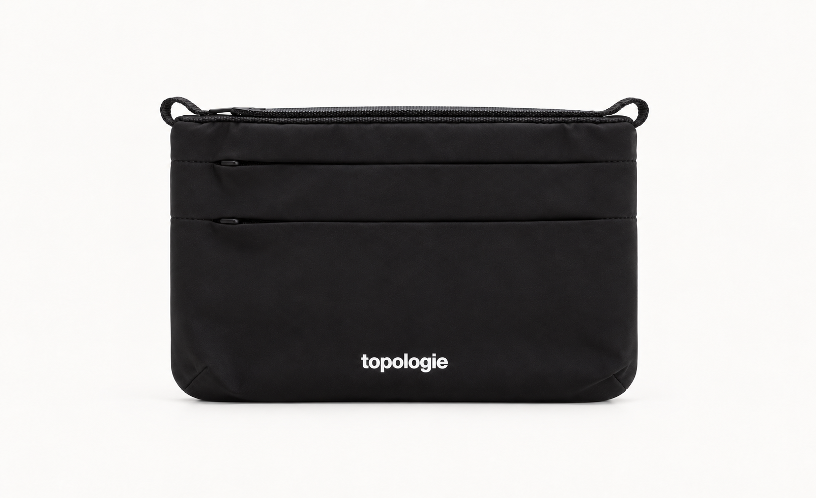 AI-generated illustration of the Topologie Phone Sacoche 90 in Black / Tech Sateen, with two front zip pockets and top attachment loops; bag only, without a strap.