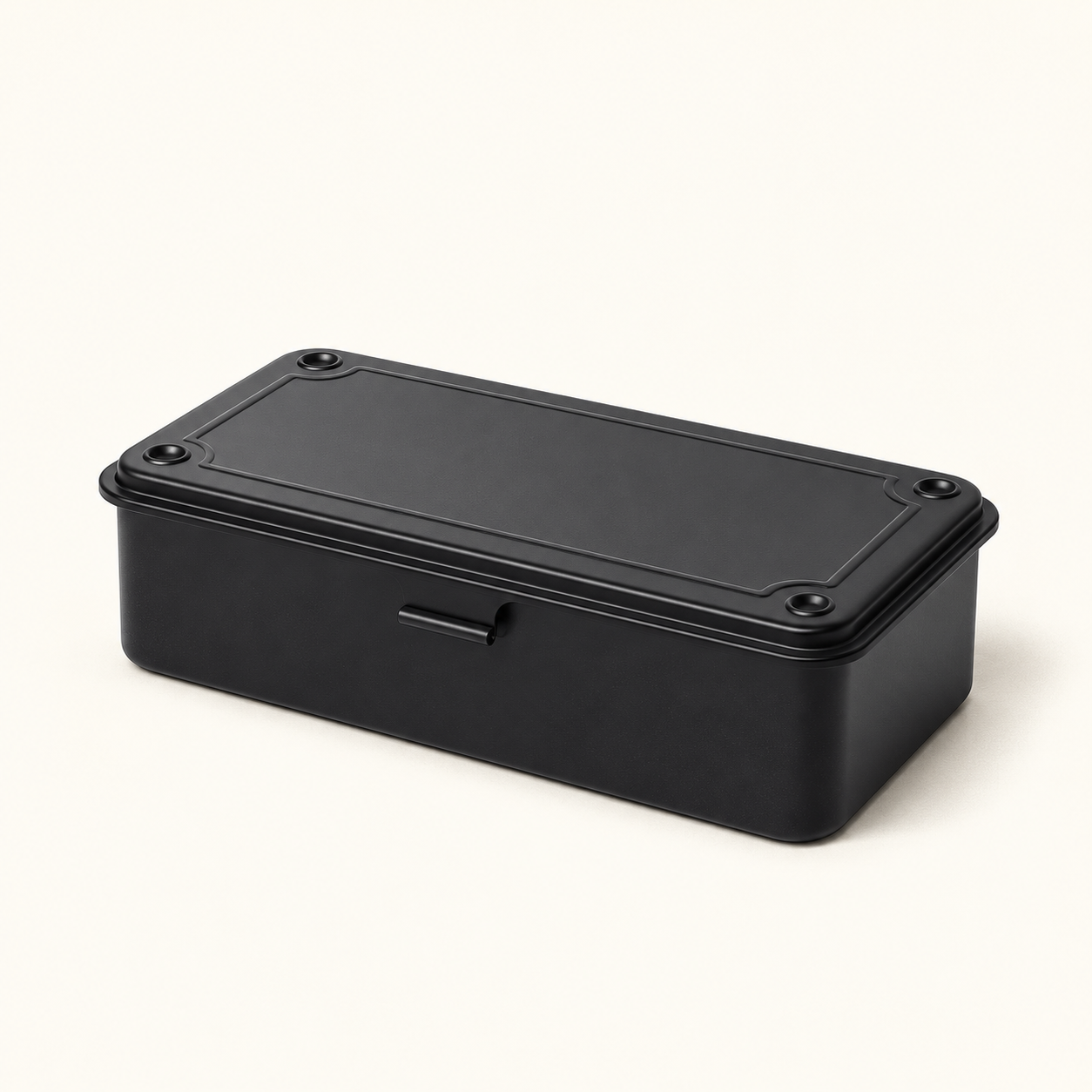 AI-generated illustration of the black TOYO STEEL T-190 storage box, with a flat hinged lid, four raised stacking dimples and a central snap closure.